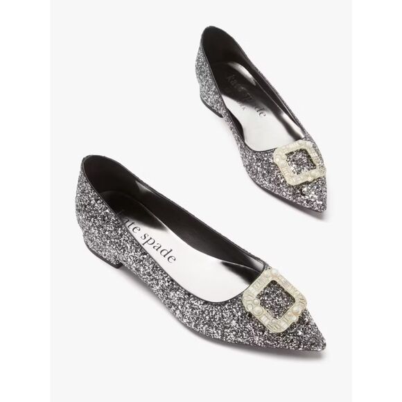 Kate Spade Buckle Up Glitter Flats Black Silver 10.5 Point Toe - Picture 1 of 9